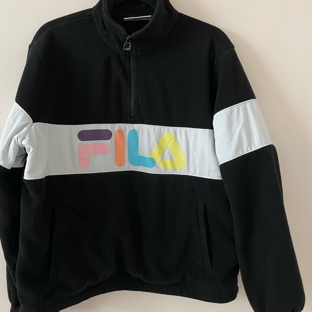 Fila Women's Sweater Logo Printed Fleece 1/4‎ Zip Black Sz Large